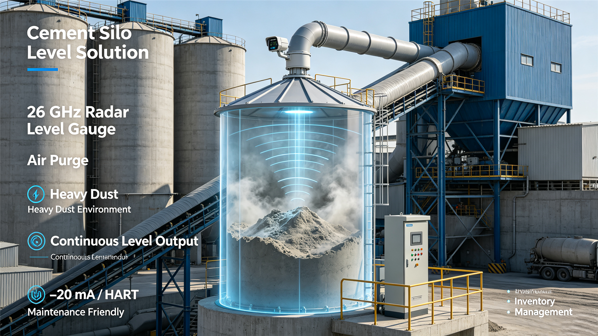 Latest company case about Delta Cement Case: Silo Level Measurement With 26 GHz Pulse Radar and Air Purge