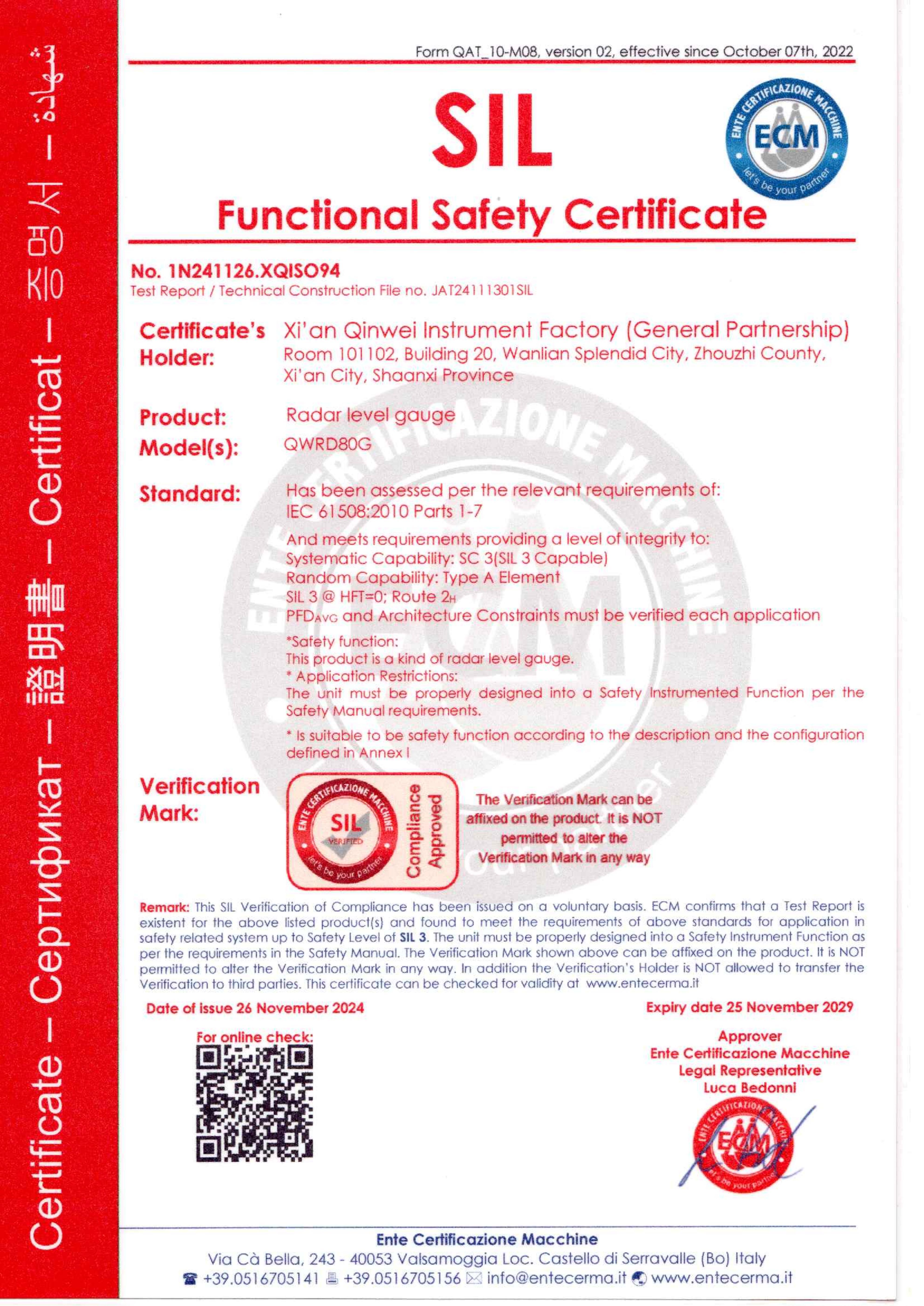 china Xi 'an Qinwei Instrument Factory (General Partnership Enterprise) Certification